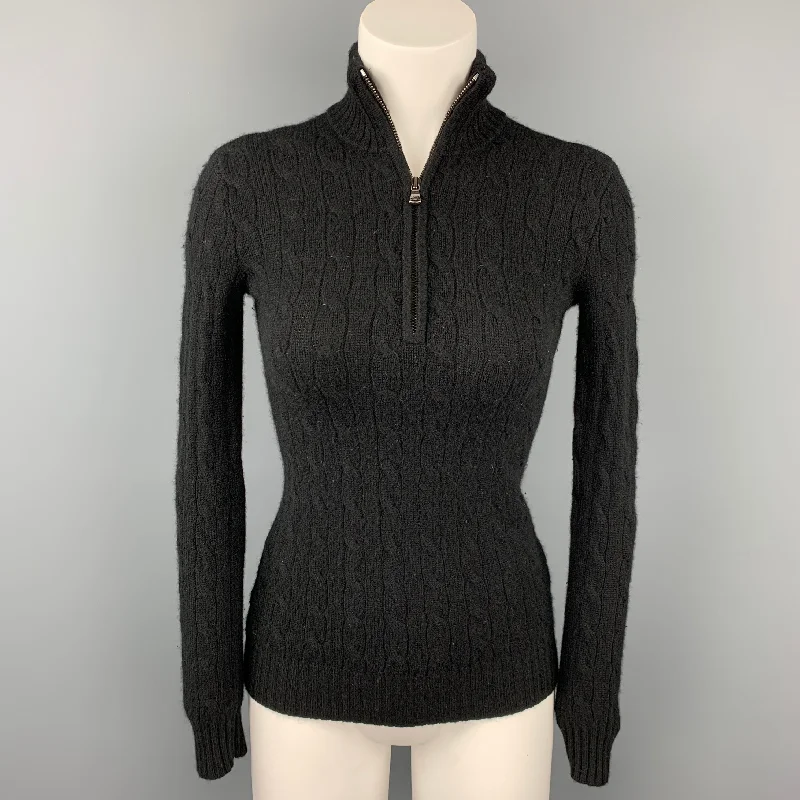 RALPH LAUREN Black Label Size XS Black Knitted Cashmere Sweater Real Fur Shearling Chenille