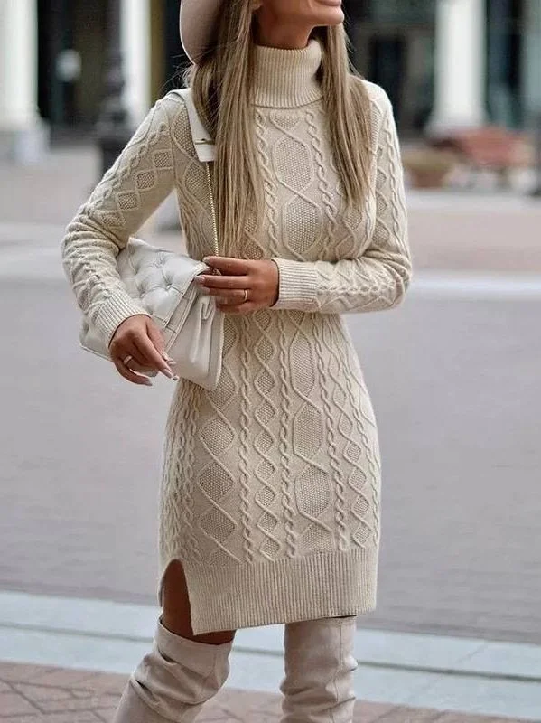 European style long sleeve sweater dress pullover knitted turtleneck Open Neck Pullover