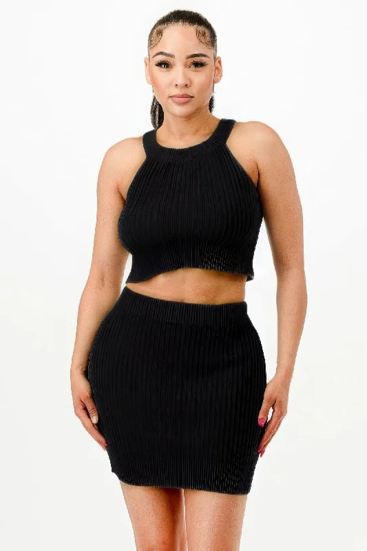 Halter Neck Tank Top And Bodycon Mini Skirt Set coral tank top