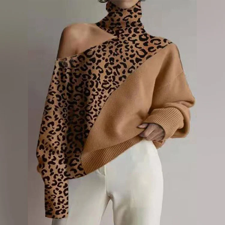 Women Casual Leopard Pattern Color Matching Turtleneck Off-The-Shoulder Knitted Sweater Chenille Brocade Lace