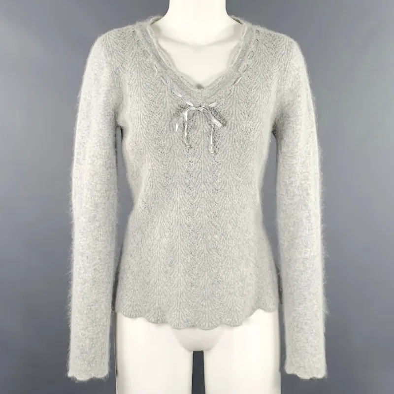 LUCY & LAUREL Size M Grey Nylon Blend Ribbon Trim V-Neck Sweater Lightweight Heavyweight Midweight