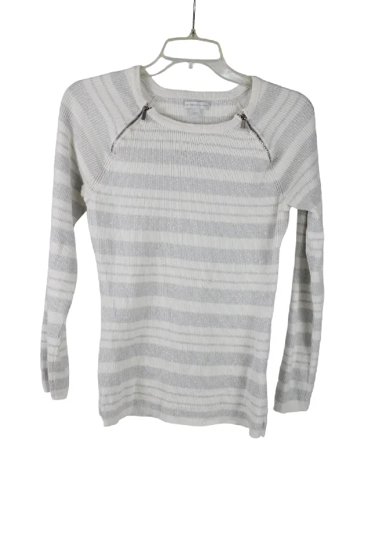 New York & Co. White Silver Shimmer Knit Sweater | M Open Front Closed Front Wrap Front
