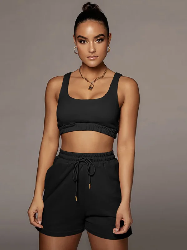 Two Pieces Solid Color Tank Top + Drawstring Shorts Sets relaxed fit tank
