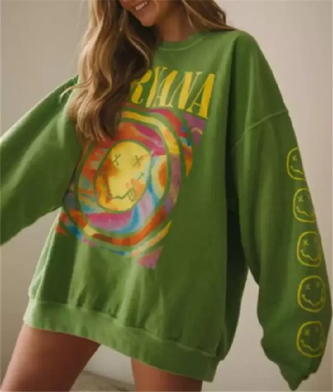 Women Street Fashion Pullover Letter Smiling Face Print Round Neck Sweatshirt Loose Top Short Sleeve Top