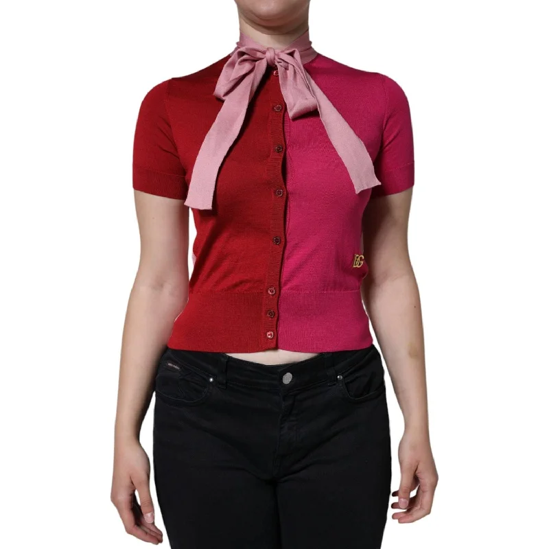 Dolce & Gabbana Pink Short Sleeves Pullover Ascot Collar Top Wrist Length Sleeve