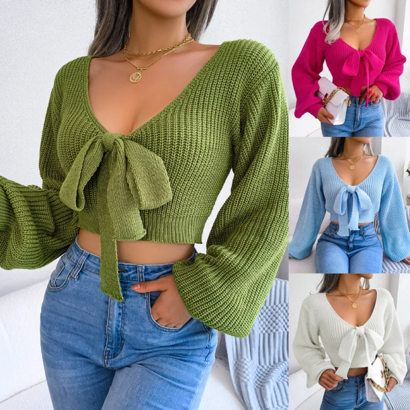 Women Fashion Bowknot V-Neck Lantern Sleeve Cropped Solid Knitted Sweater Boat Neck Shawl Collar Notched Collar