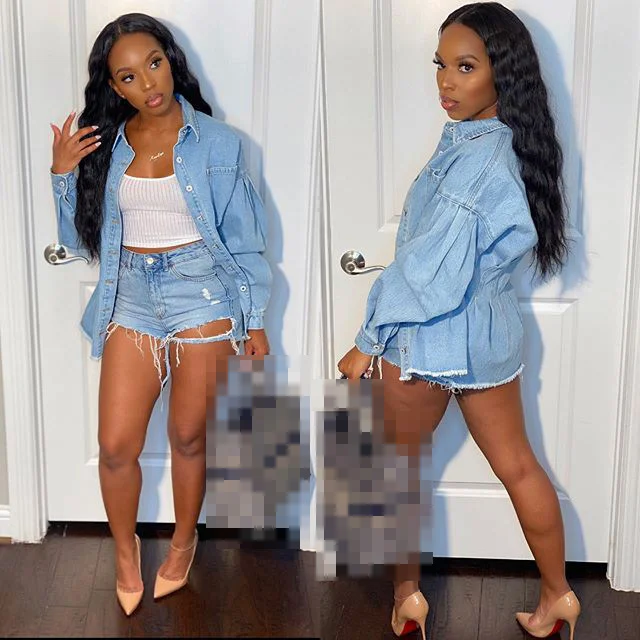 Women'S Casual Mid-Length Loose Defined Waist Solid Color Denim Jacket Front Pockets Side Pockets Patch Pockets