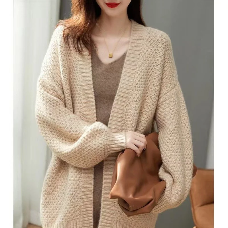 Women Fashion Loose Knitted Sweater Coat Denim Fabric Leather Fabric Suede Fabric