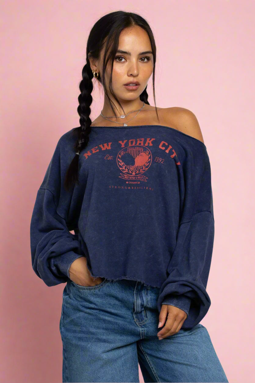 Daisy Street Slashed Neck NYC Sweater Neon Metallic Matte