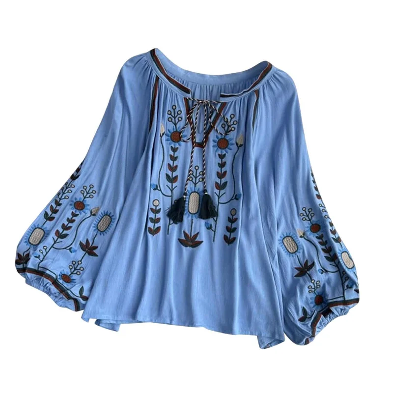Embroidery Blouse for Women Pullover Casual Women's Mexican Embroidered Tops Blue Bardot Neck Top