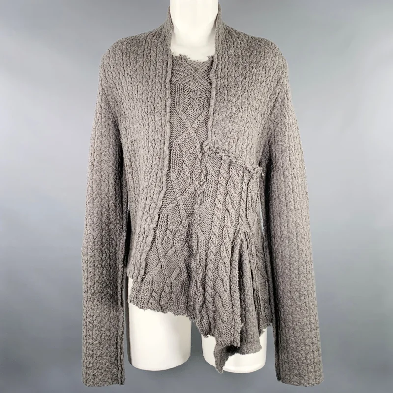 RUNDHOLZ Size M Grey Wool Cable Knit Distressed Asymmetrical Sweater Silk Blend Satin Velvet