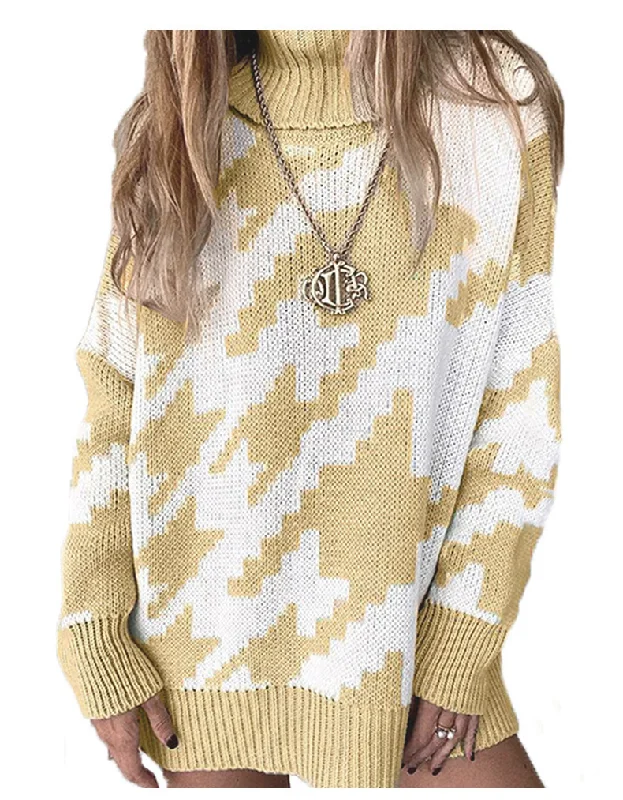 Women Fashion Autumn And Winter Splicing Contrast Color Lapel Mid-Length Knitted Sweater Elasticated Padded Insulated