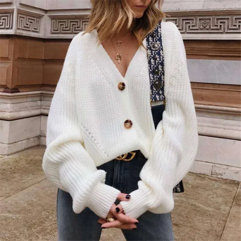 Women Casual V-Neck Buttoned Lantern Sleeve Sweater Glossy Satin Silk