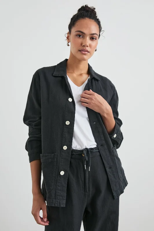 GWEN JACKET - WASHED BLACK Front Pockets Side Pockets Patch Pockets