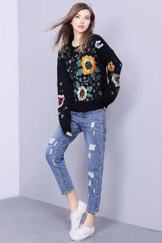 Sunflower Embroidered Sweater Stretchy Elastic Breathable