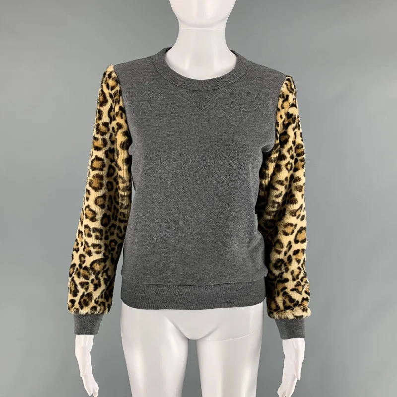 DRIES VAN NOTEN Size XS Gray Brown Cotton Animal Crew-Neck Sweater Turtle Neck Boat Neck Asymmetrical Neck