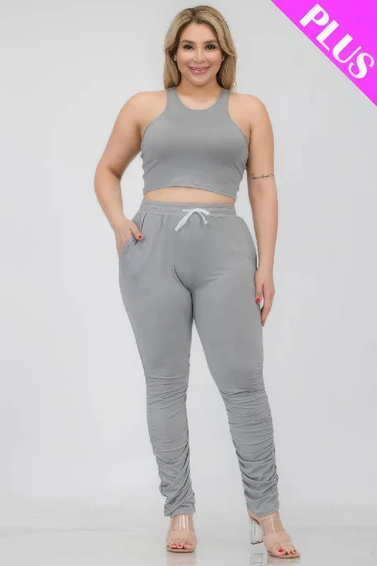 Plus Size Crop Tank Top & Ruched Pants Set silver tank top