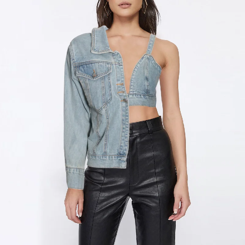Women'S Fashion Asymmetric Denim Jacket Wool Fabric Cashmere Fabric Tweed Fabric