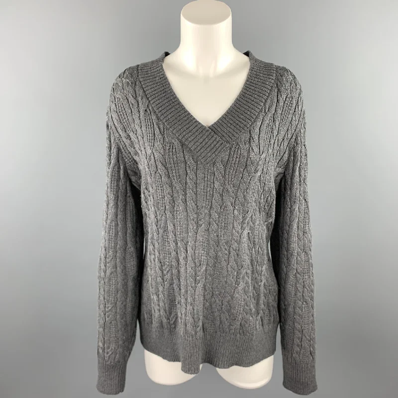 ST. JOHN SPORT Size L Grey Cable Knit Wool Blend V-Neck Sweater Oversized Loose Flowy