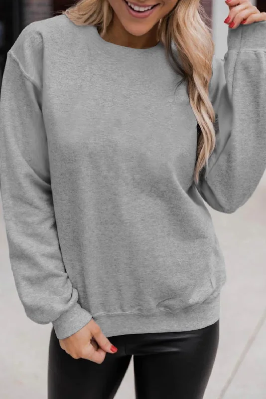 Classic Gray Crewneck Pullover Sweatshirt with Solid Print Cowl Neck Pullover