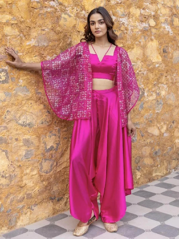 Fuchsia Satin Coord Set with Embellished Organza Jacket Cotton Fabric Linen Fabric Terry Fabric