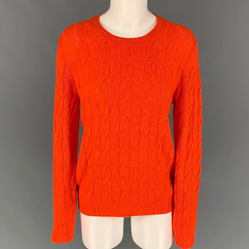 RALPH LAUREN Collection Size L Orange Cashmere Cable Knit Crew-Neck Sweater Ribbed Striped Patterned
