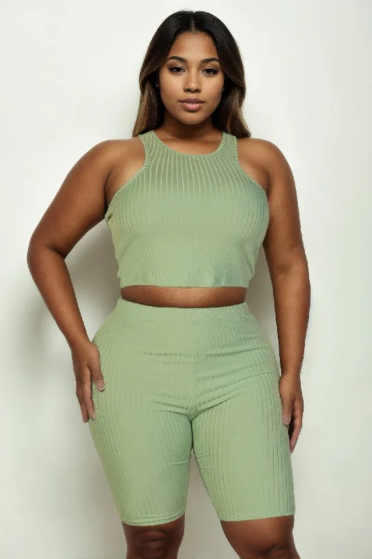 Plus Size Ribbed Cropped Tank Top And Biker Shorts Set flexible tank top