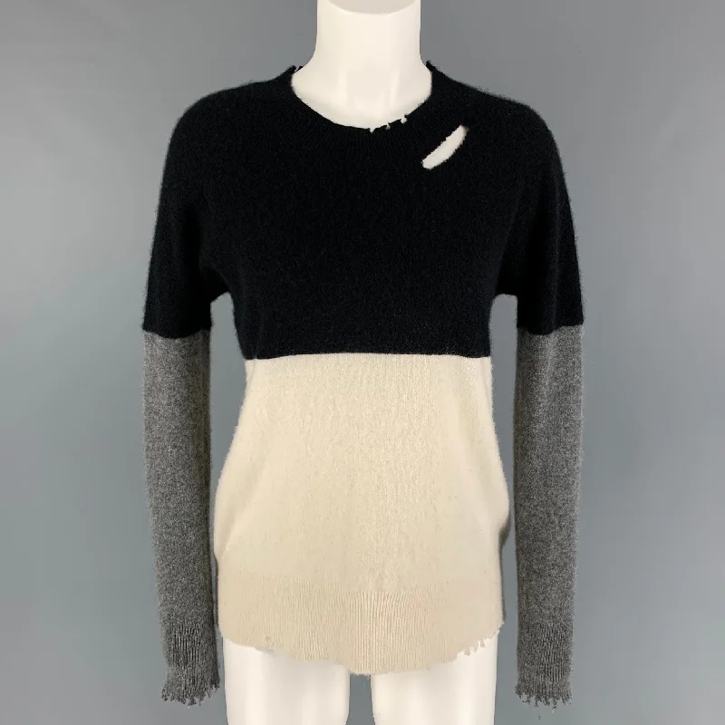 RtA Size S Black Grey White Cashmere Color Block Distressed Sweater Ribbed Striped Patterned