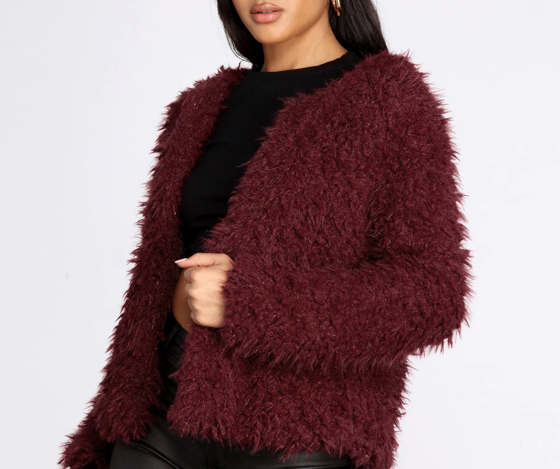 Stylish Shaggy Faux Fur Jacket Front Pockets Side Pockets Patch Pockets
