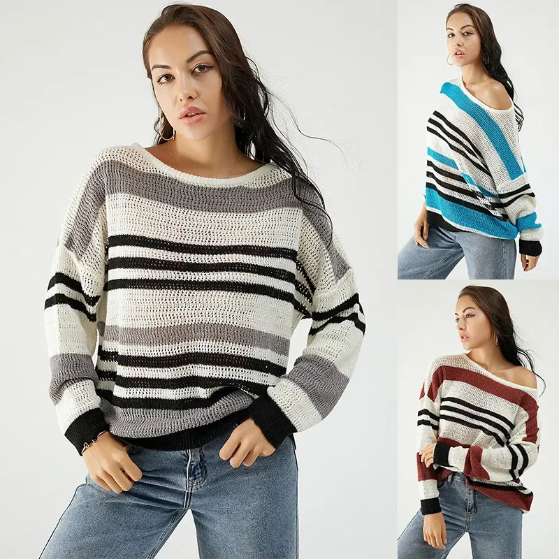 Women Casual Loose Stripe Long Sleeve Knitted Sweater Mesh Blend Leather Blend Suede Blend