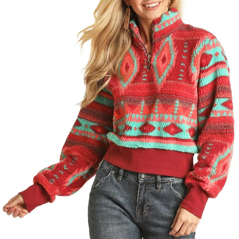 Rock & Roll Cowgirl Women's Print Fleece 1/4 Zip Pullover Polo Neck Sweater