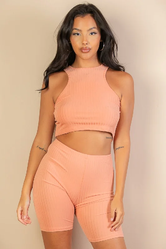 Ribbed Tank Top and Biker Shorts Set halter tank top