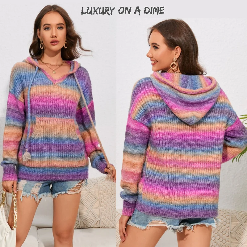 Bright Wool Blend Knit Colorful Stripe Hoodie Kangaroo Pocket Sweater Shirt Silk Blend Satin Velvet