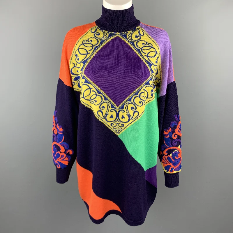 GIANNI VERSACE 1980's Purple Orange Green & Yellow Baroque Wool Sweater Solid Print Embellished