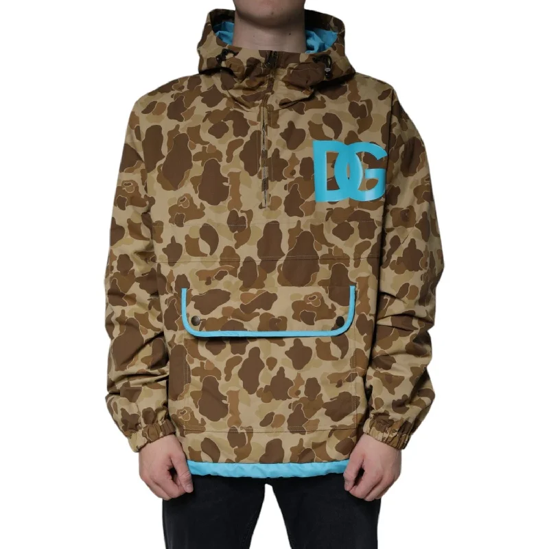Dolce & Gabbana Brown Camouflage Hooded Pullover Jacket Shirred Sleeve Feminine