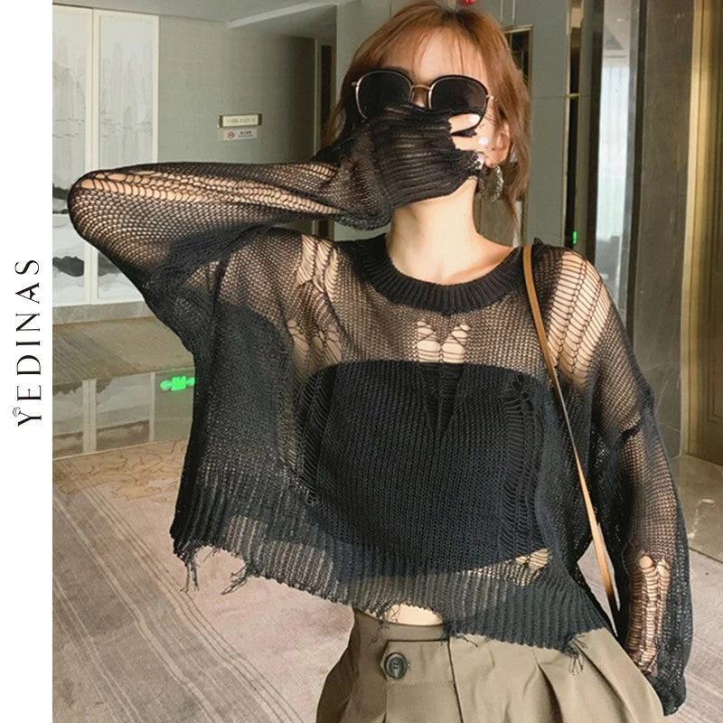 Yedinas Black Gothic Thin Women Pullover Loose Sweater 2021 Lady Hollow Out Hole Broken Streetwear Stretch Split Knit Short Top Asymmetrical Hem Sweater