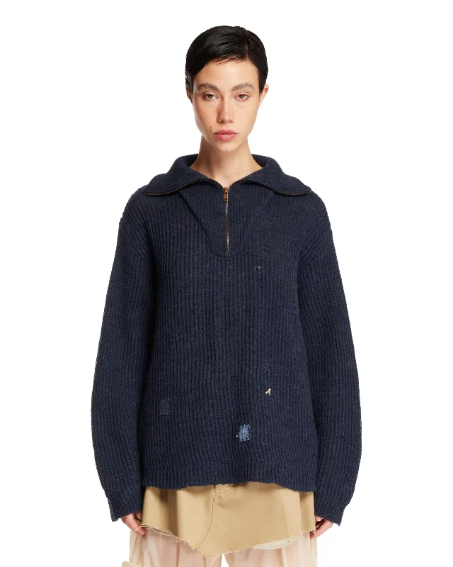 Pullover In Lana Shetland Blu Ruffle Sleeve Feminine