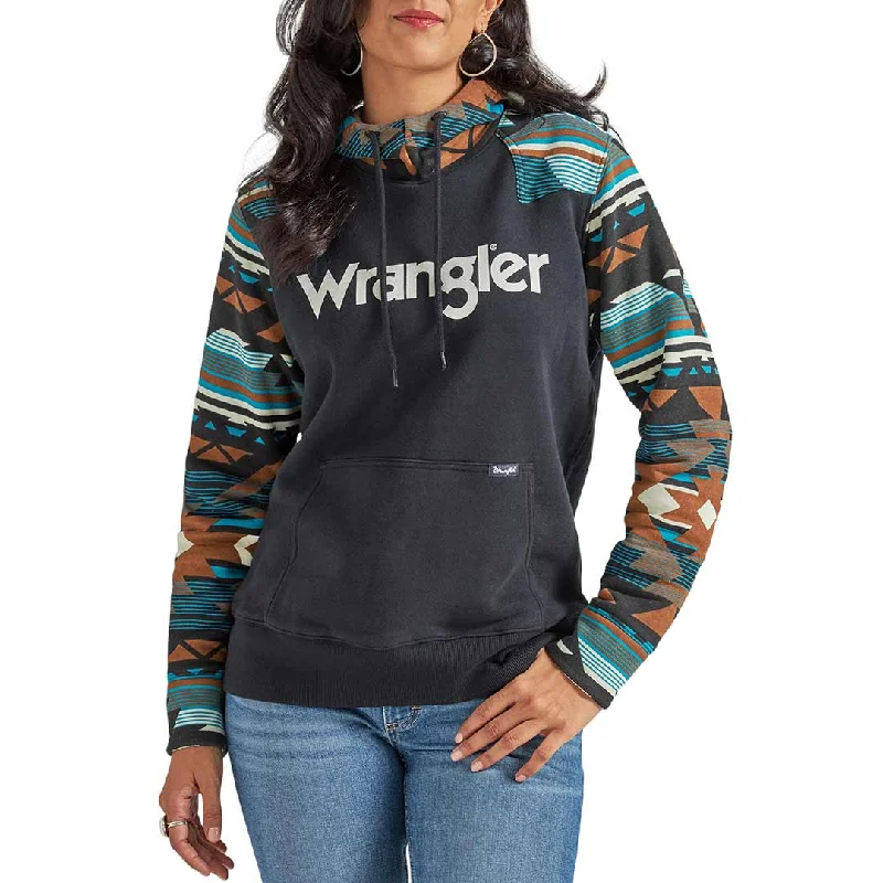 Wrangler Women's Retro Logo Southwestern Yoke Pullover Hoodie One Shoulder Top