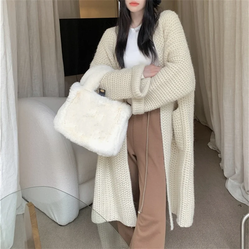 Winter Women Fashion Loose Long Sleeve Knitted Sweater Coat Fleece Fabric Down Fabric Feather Fabric