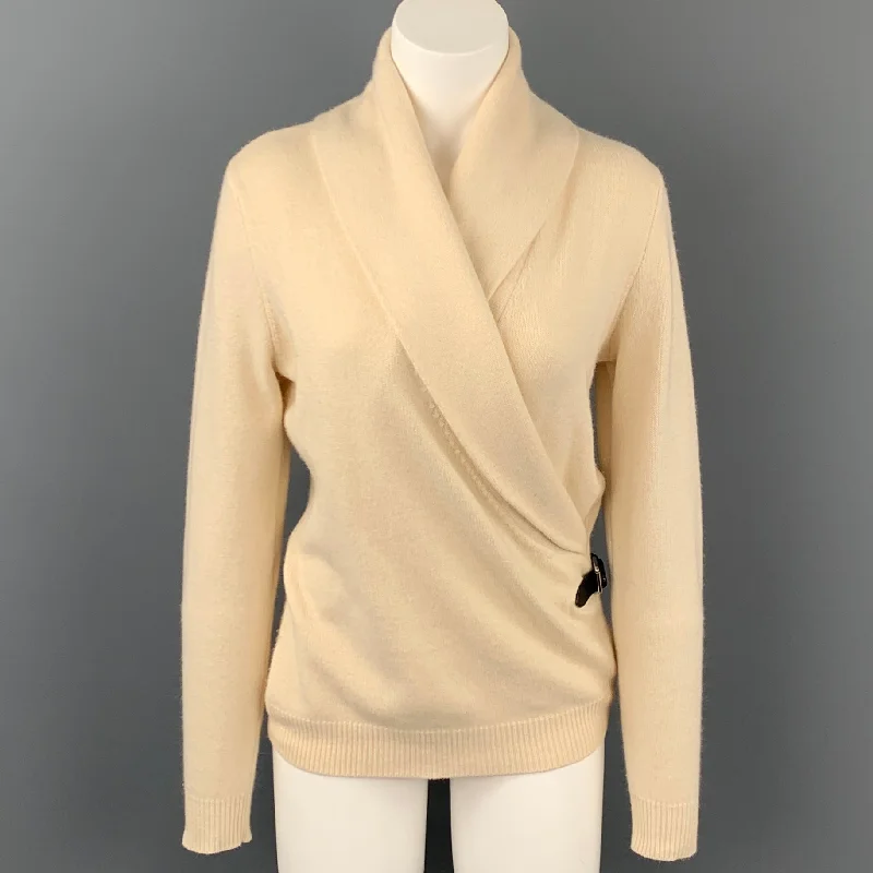 RALPH LAUREN Black Label Size S Cream Cashmere Blend Leather Trim Sweater Solid Color Striped Floral Print