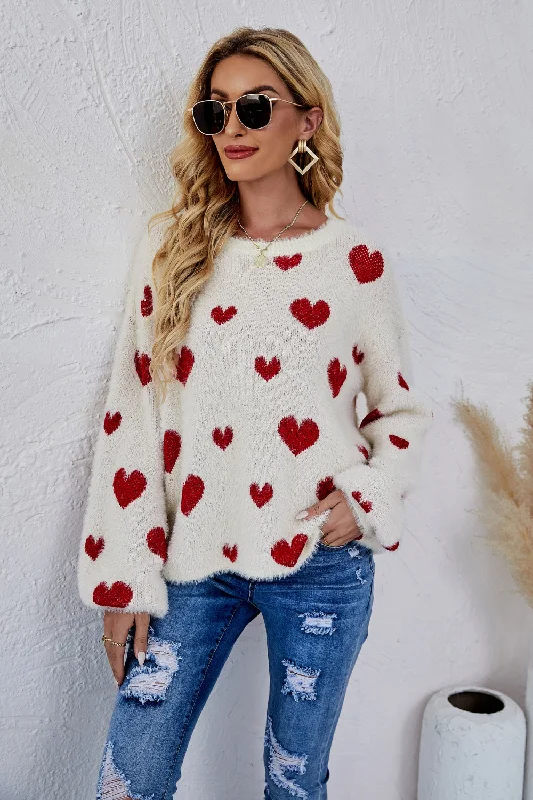 Heart Print Fuzzy Crewneck Long Sleeve Sweater Solid Color Striped Floral Print