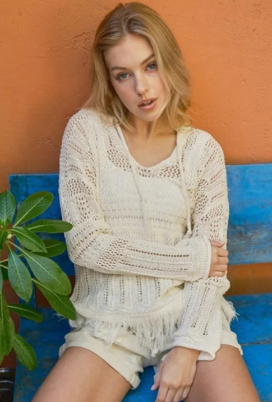 Cream Frayed Crochet Sweater