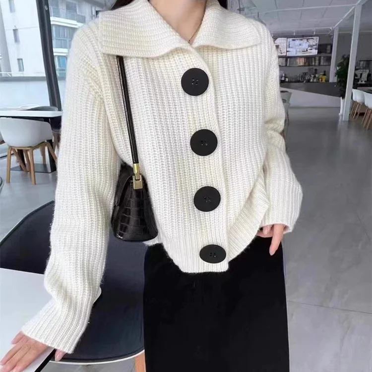 Women Fashion Winter Solid Color Button Lapel Knitted Sweater Embroidered Appliqued Beaded