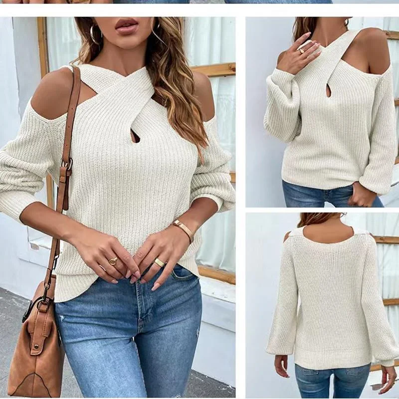 Women Fashion Winter Solid Color Cross Neck Off Shoulder Knitted Sweater Cable Knit Ribbed Knit Lace Knit