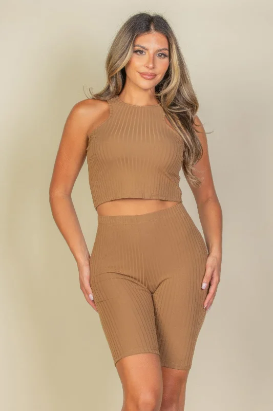Ribbed Cropped Tank Top And Biker Shorts Set fitted tank top