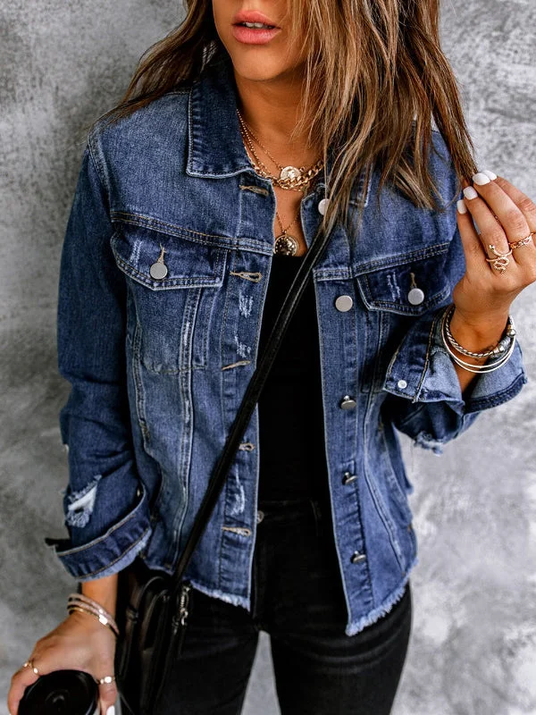 Women Fashion Ripped Raw Hem Slim Denim Jacket Cardigan Sweater Pullover