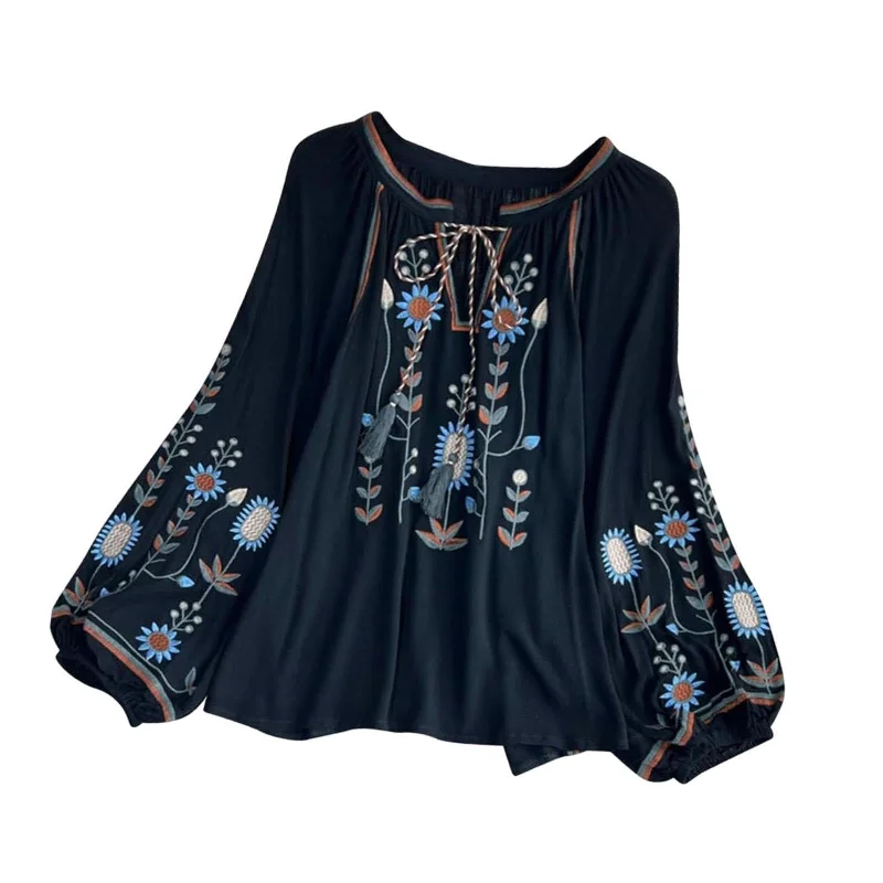 Embroidery Blouse for Women Pullover Casual Women's Mexican Embroidered Tops Black Crew Neck Wool