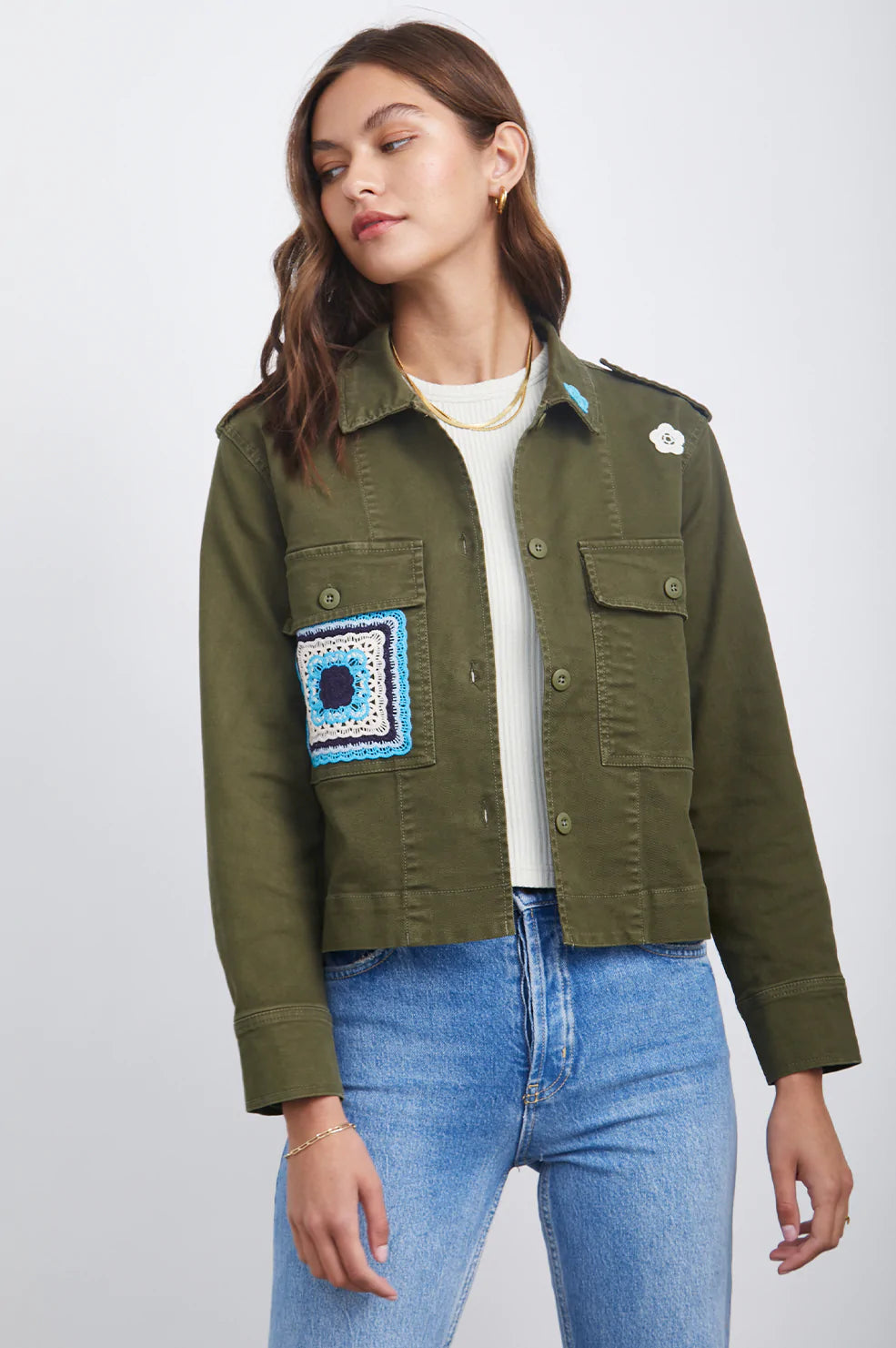 TULI JACKET - OLIVE A-Line Jacket Boat Neck Shawl Collar