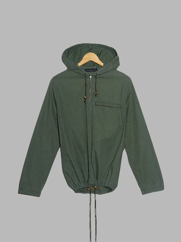 Jean Colonna khaki cotton hooded pullover windbreaker - size 46 Ribbed Crew Neck