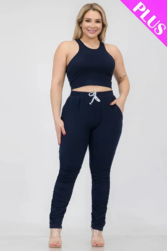 Plus Size Crop Tank Top & Ruched Pants Set metallic tank top